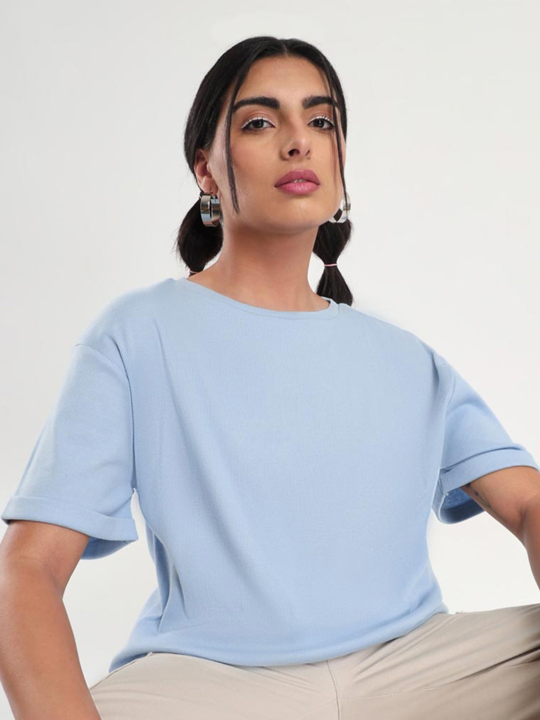 

NOBERO Round Neck Drop-Shoulder Sleeves Cotton T-shirt, Blue