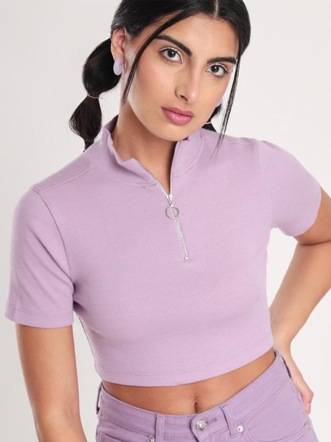 

NOBERO High Neck Cotton Fitted Crop Top, Purple