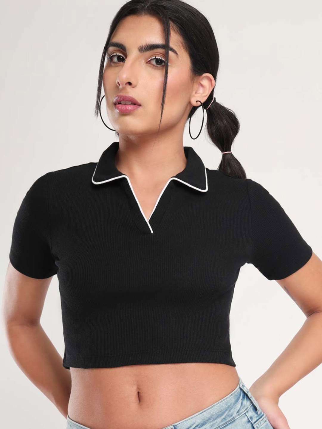 

NOBERO Polo Collar Cotton Fitted Crop Top, Black