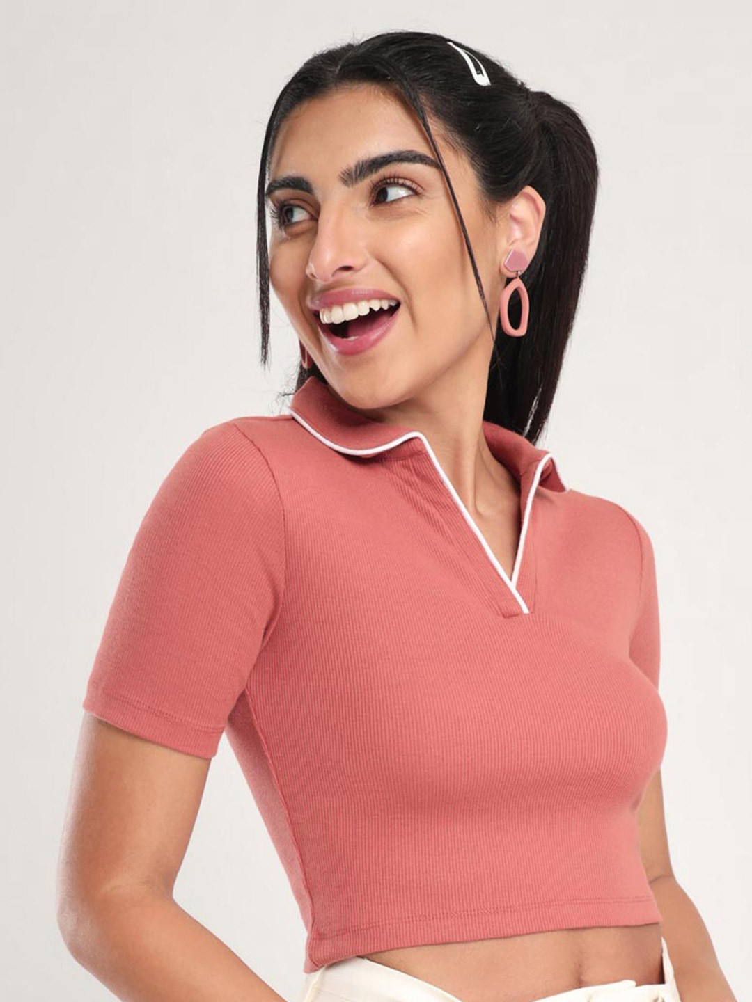 

NOBERO Polo Collar Cotton Fitted Crop Top, Rust