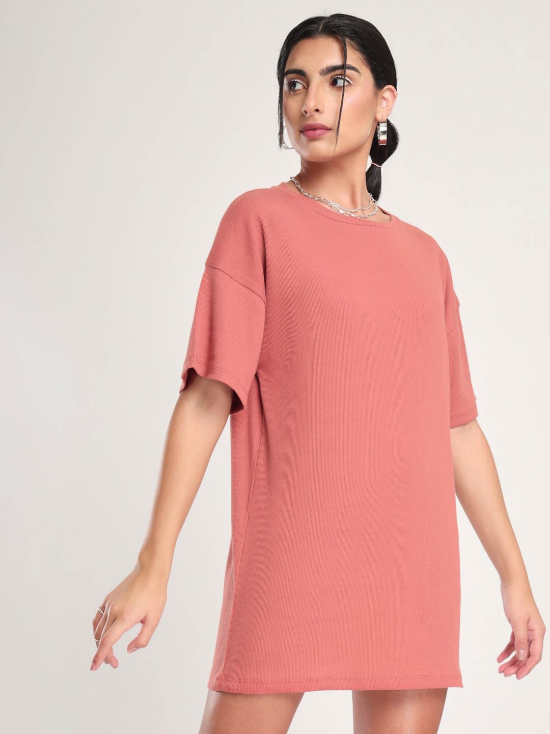 

NOBERO Round Neck Cotton T-shirt Mini Dress, Rust