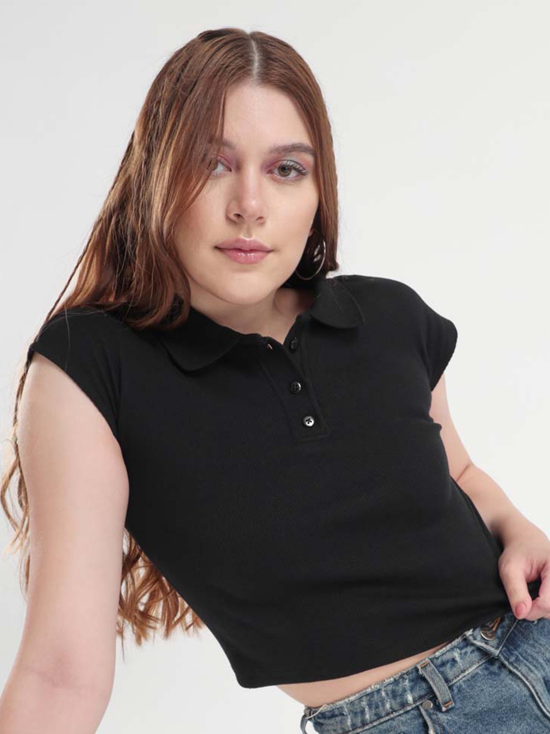 

NOBERO Polo Collar Cotton Fitted Crop Top, Black