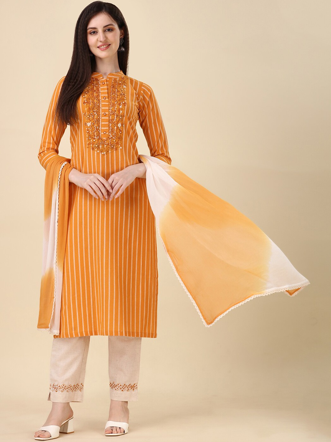 

Berrylicious Striped Thread Work Kurta with Trousers & Dupatta, Mustard