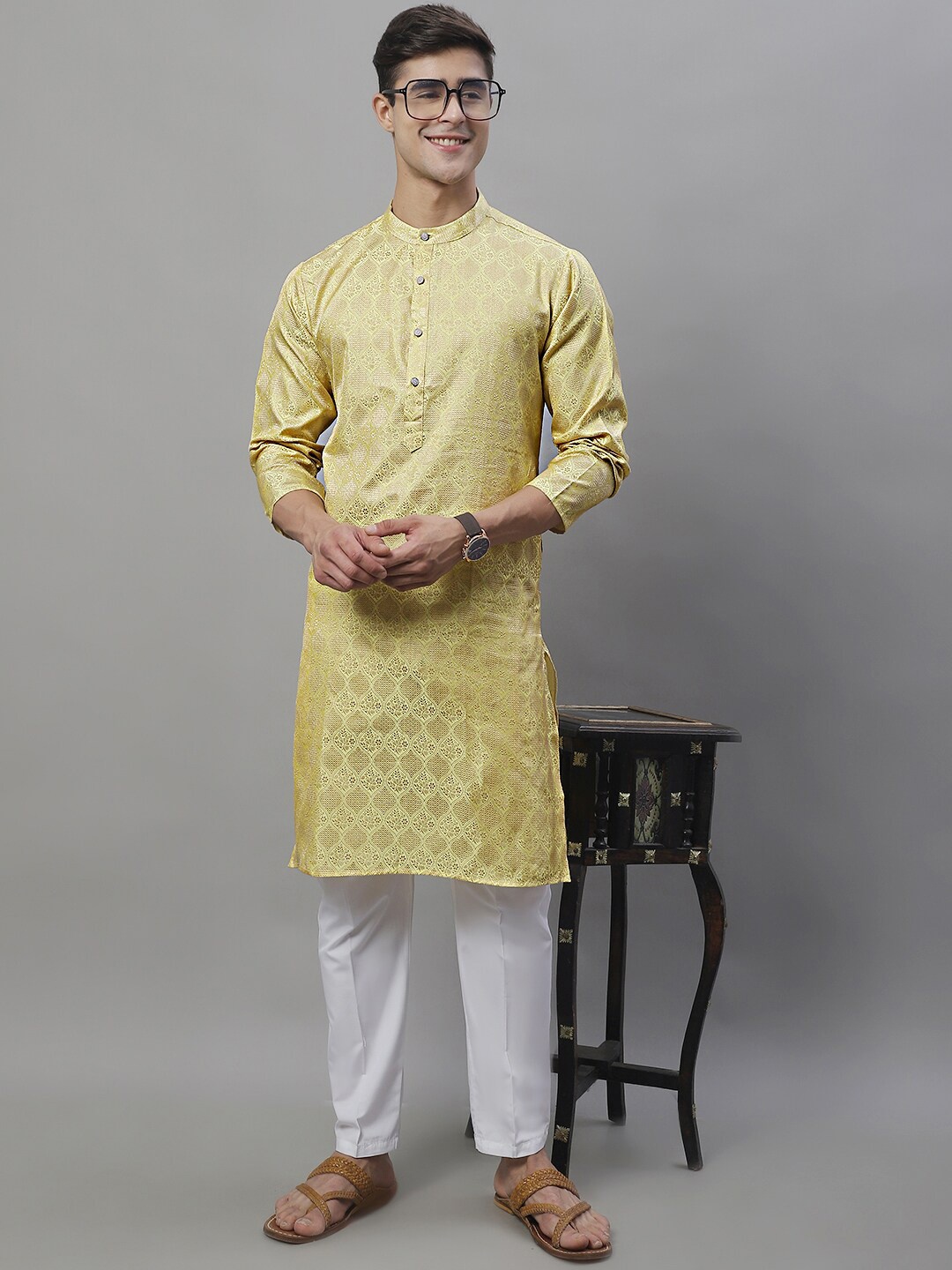 

Anouk Yellow & White Ethnic Motifs Woven Design Kurta with Pyjamas
