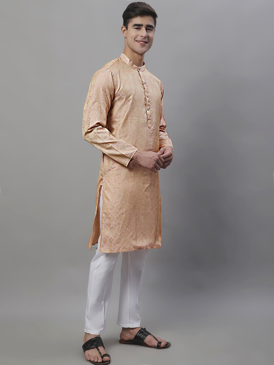 

Anouk Peach-Coloured & White Ethnic Motifs Woven Design Kurta with Pyjamas