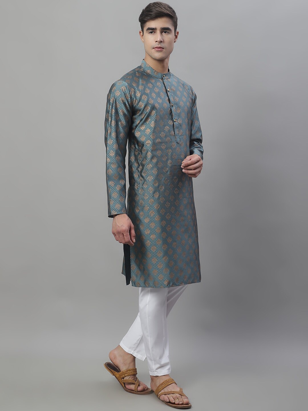 

Anouk Grey & White Band Collar Ethnic Motifs Woven Design Kurta with Pyjamas