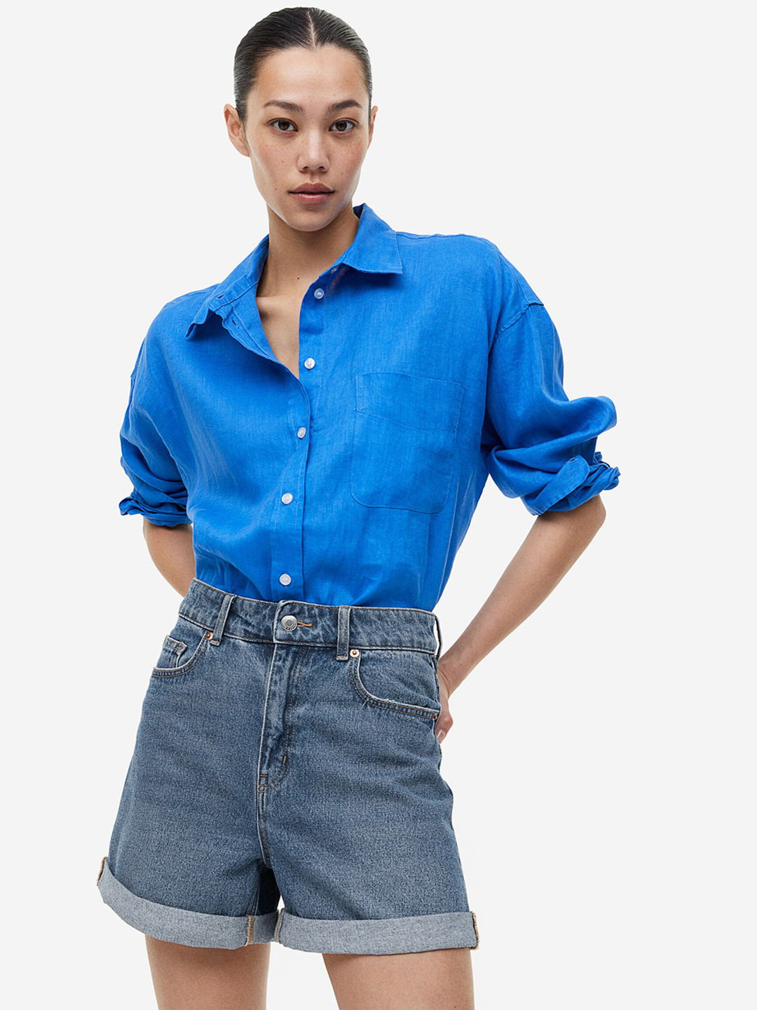 

H&M Women Mom High Denim Pure Cotton Shorts, Blue