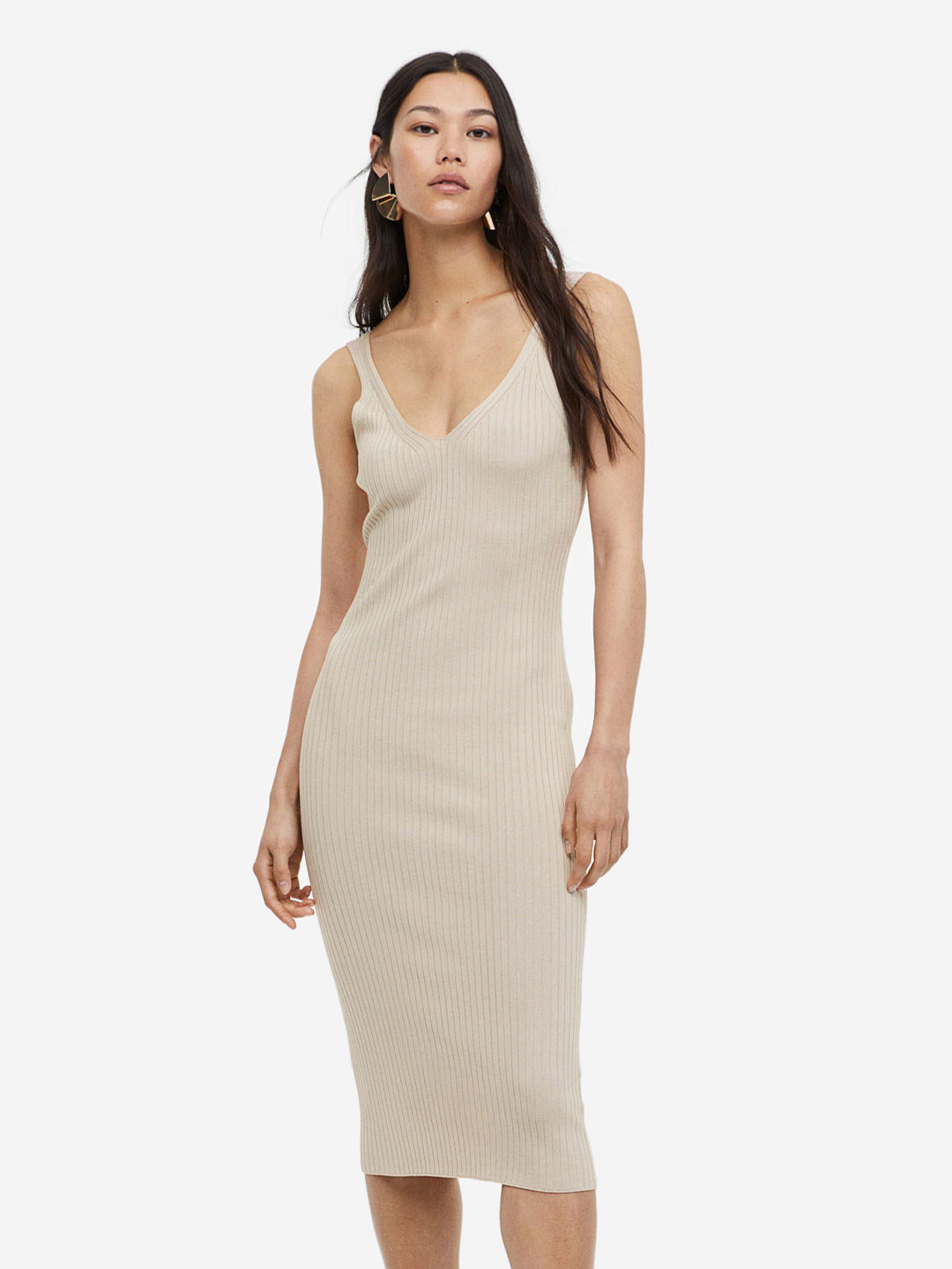 

H&M Rib-Knit Bodycon Dress, Beige