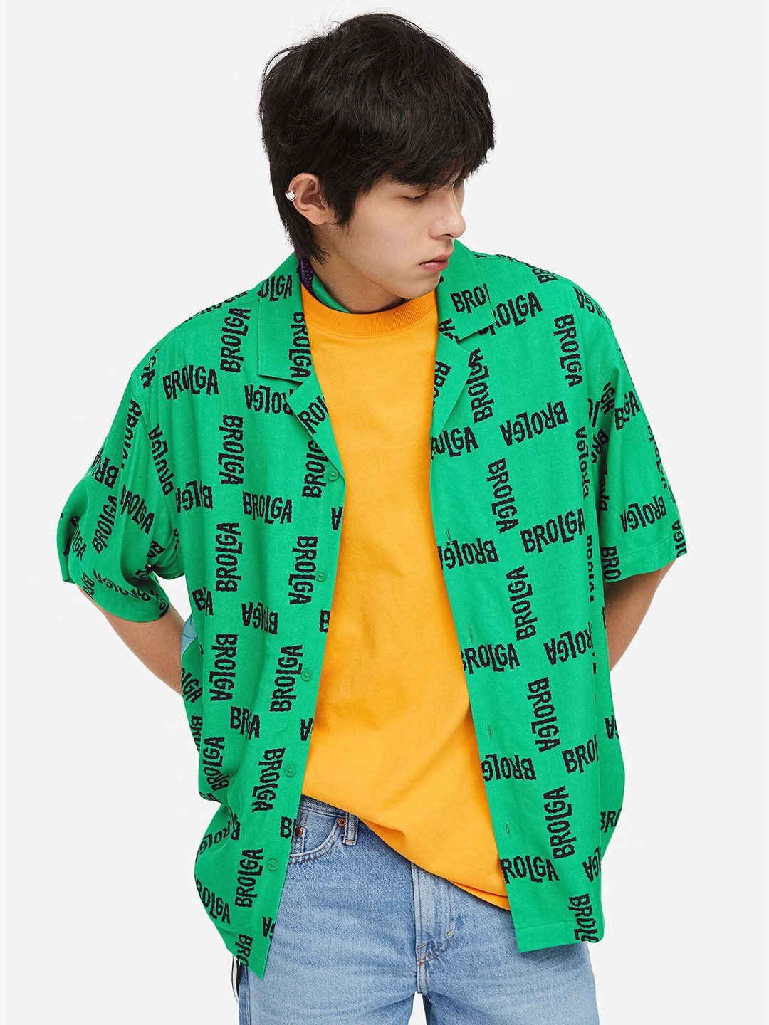 

H&M Loose Fit Printed Resort Shirt, Green