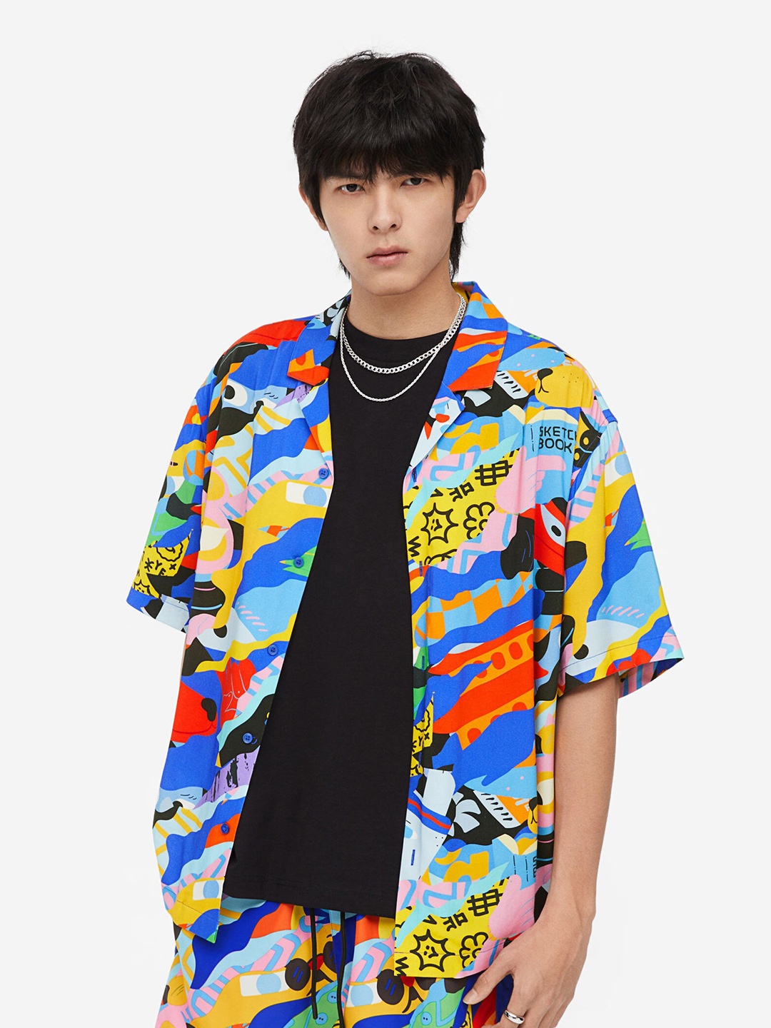 H&M Loose Fit Printed Resort Shirt, Blue