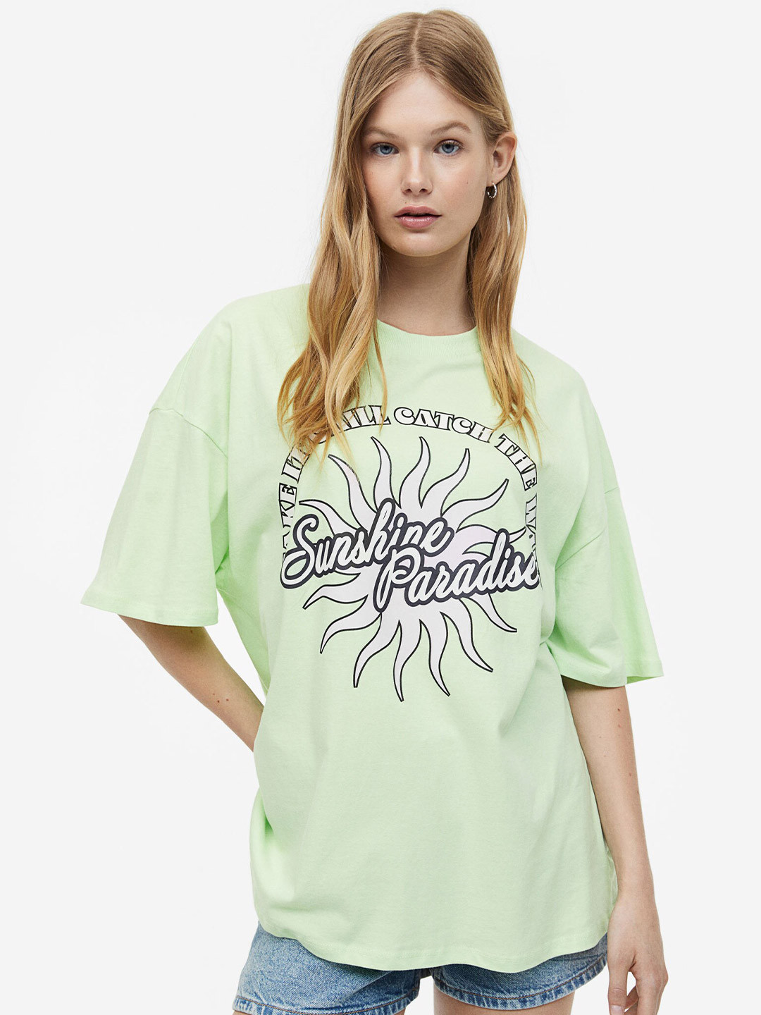 

H&M Oversized Printed Pure Cotton T-shirt, Green