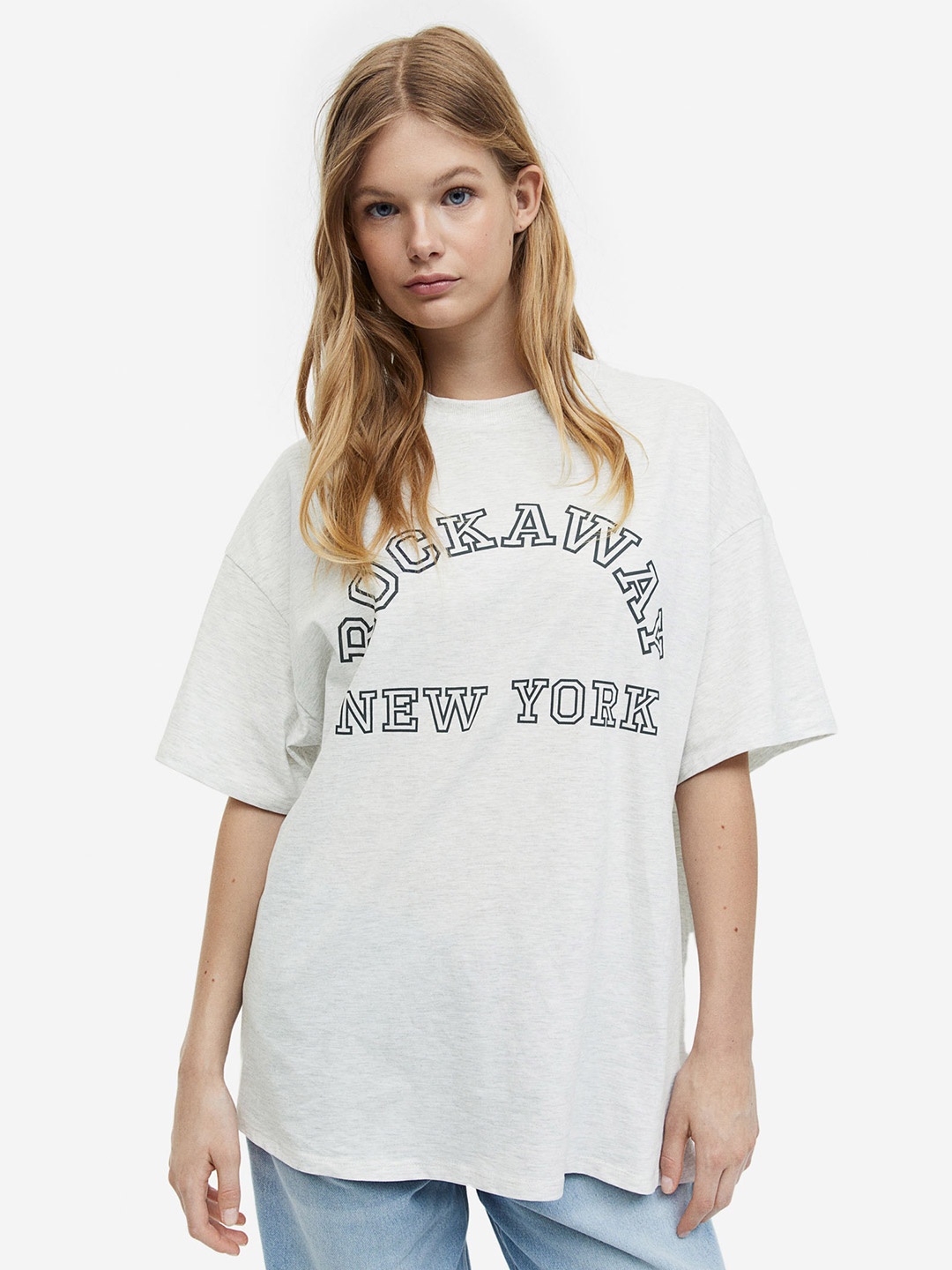 

H&M Oversized Printed Pure Cotton T-shirt, Grey