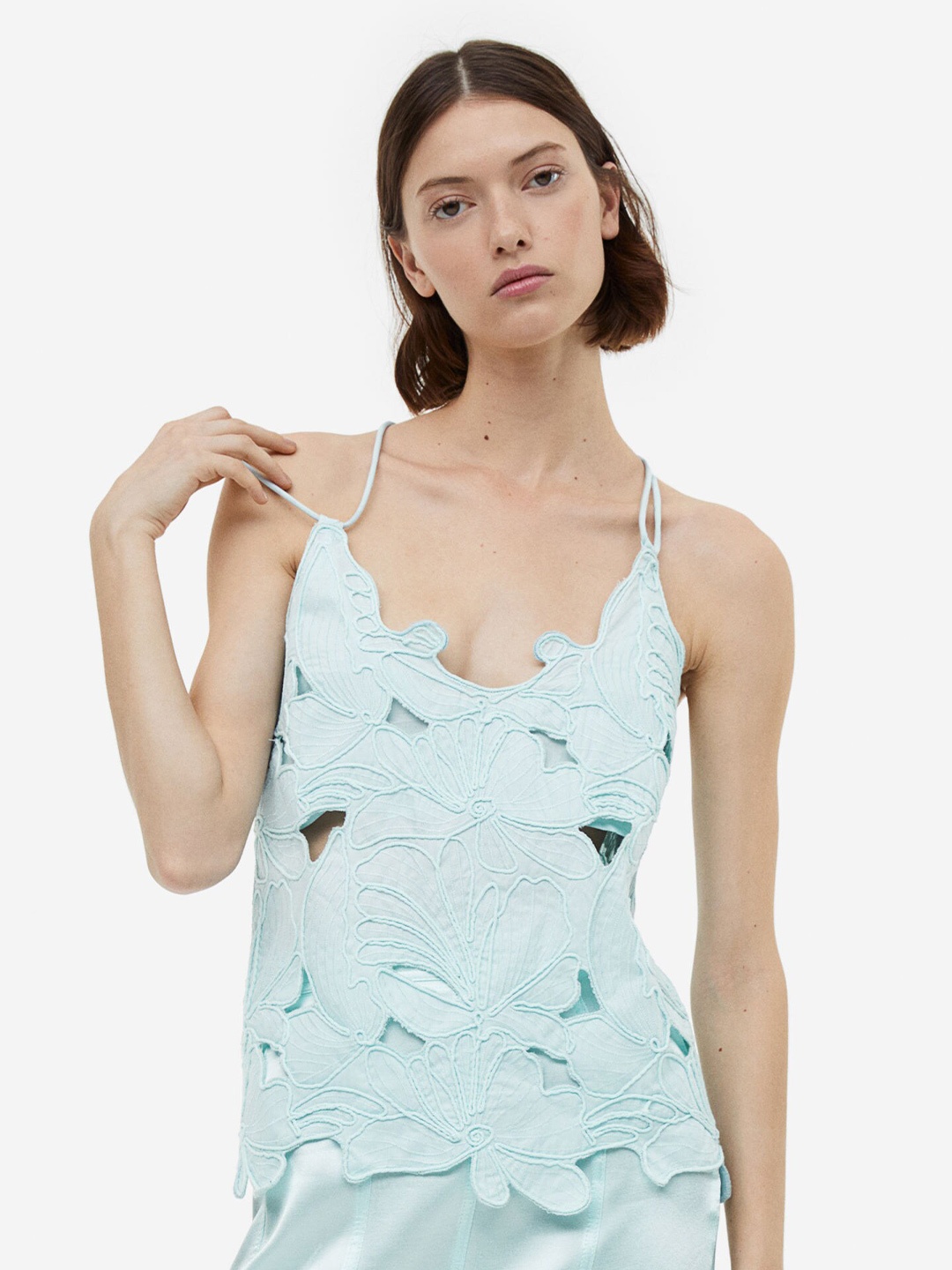 

H&M Embroidered Pure Cotton Top, Turquoise blue