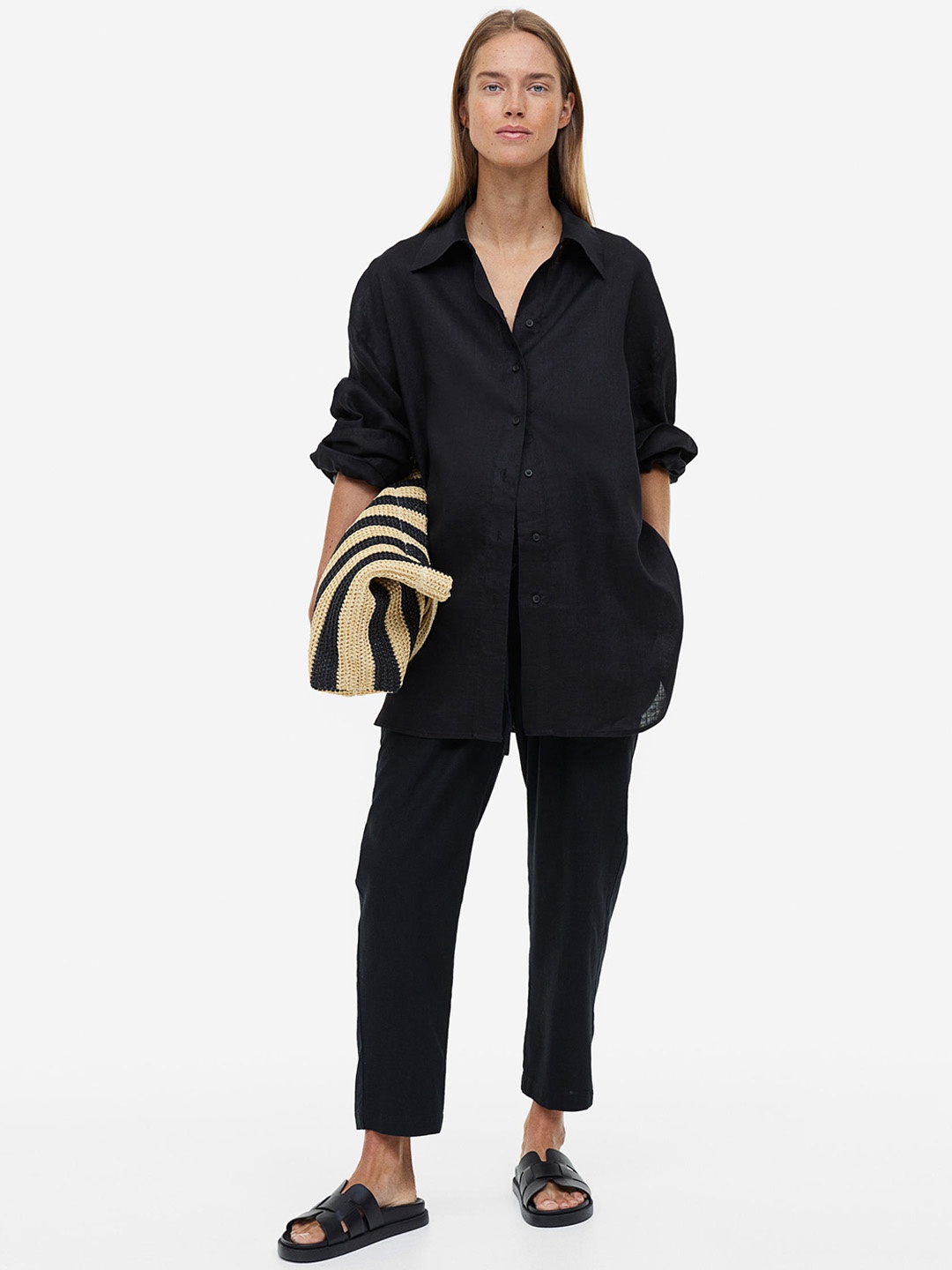 

H&M Women MAMA Linen-Blend Trousers, Black