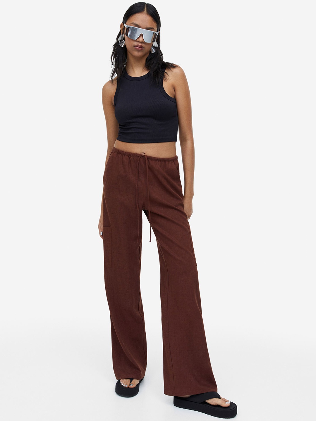 

H&M Women Wide Linen-Blend Trousers, Brown