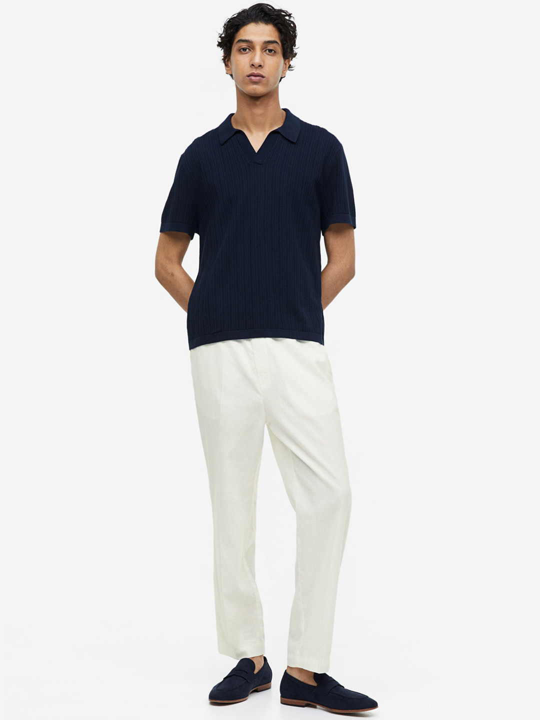

H&M Men Regular Fit Linen-Blend Trousers, White