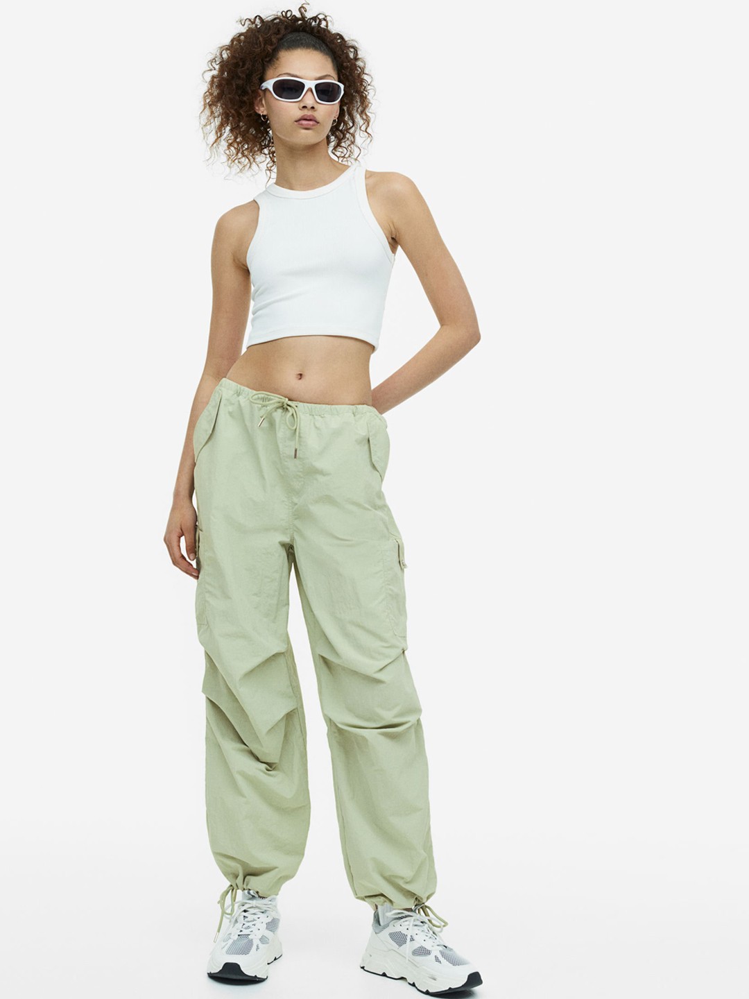 

H&M Women Nylon Parachute Trousers, Green