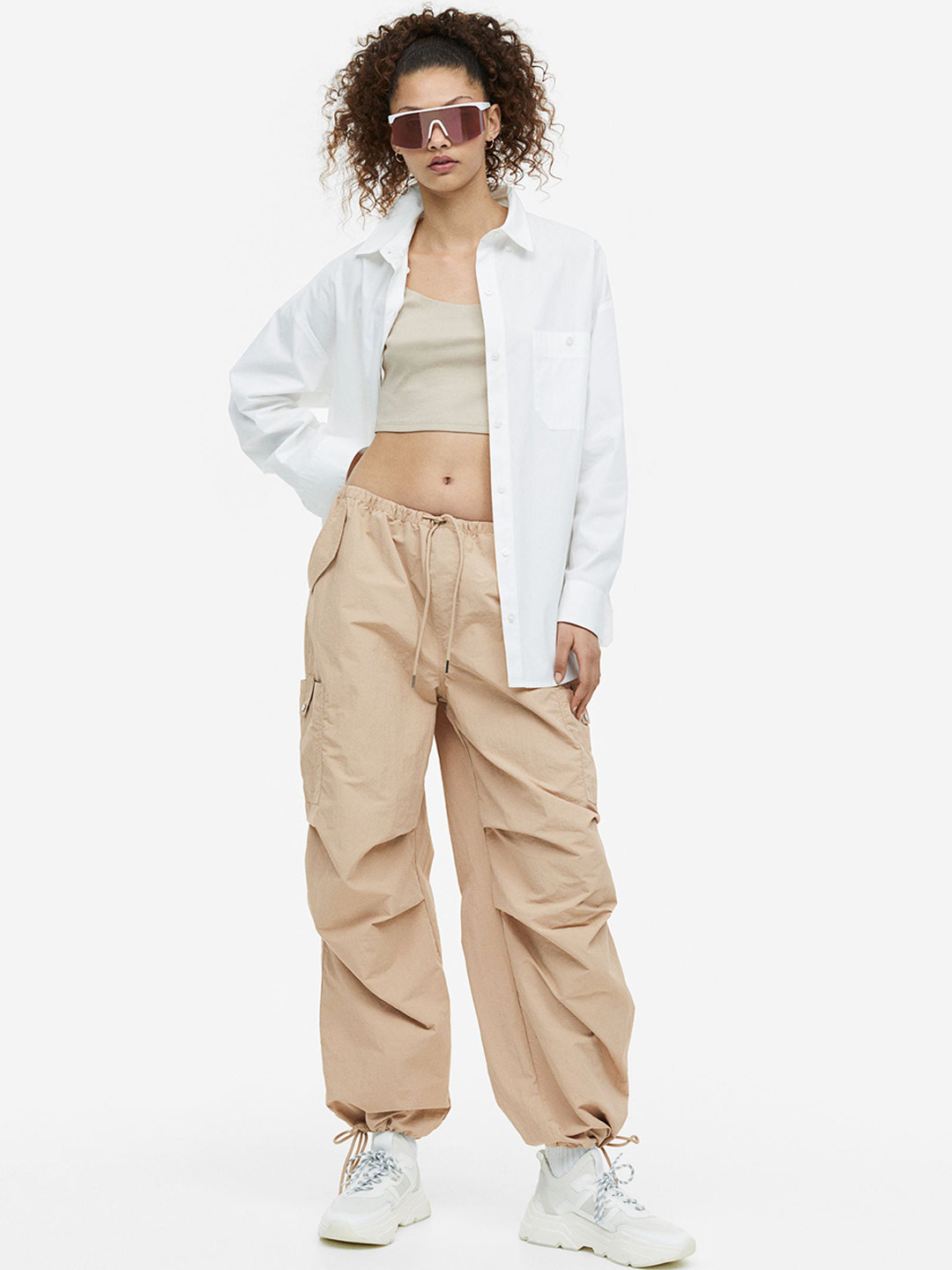 

H&M Women Nylon Parachute Trousers, Beige