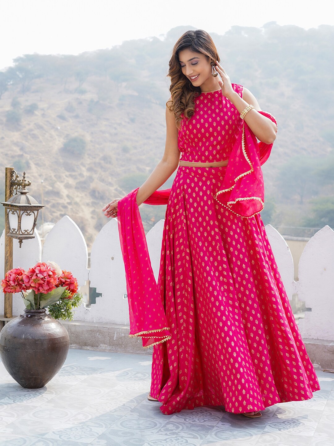 

KALINI Foil Printed Ready to Wear Lehenga Choli With Dupatta, Pink