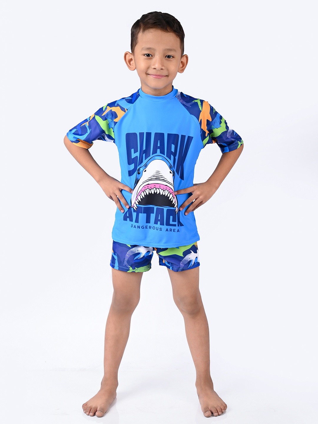 

Yellow Bee Boys Printed Medium Coverage Swim Set, Blue