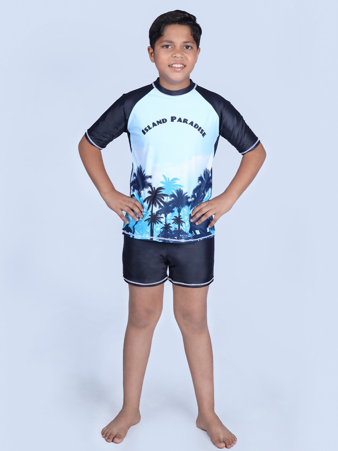 

Yellow Bee Boys All Over Palm Trees Printed Medium Coverage Swimsuit, Black