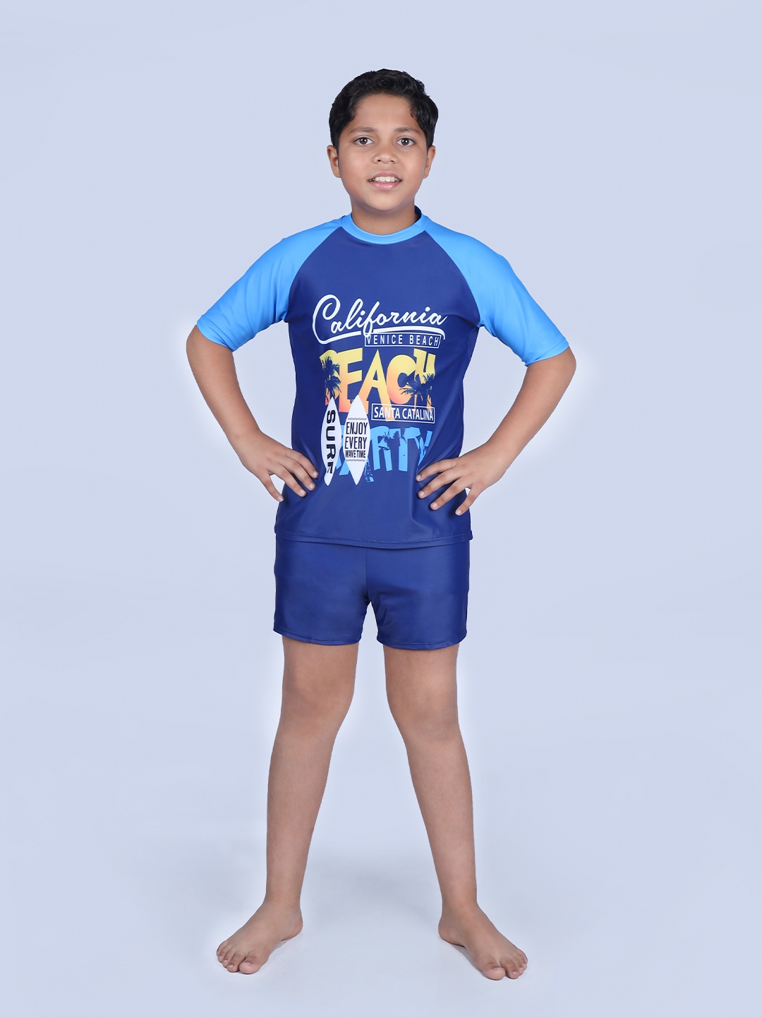 

Yellow Bee Boys Typography Printed Swimwear Set, Blue
