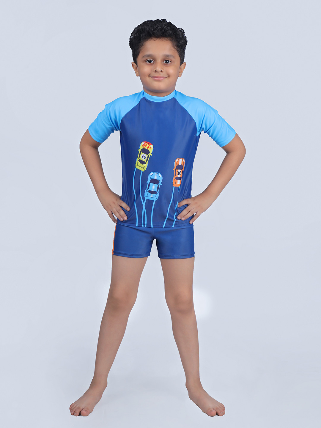 

Yellow Bee Boys Car Printed Medium Coverage Swimsuit, Blue