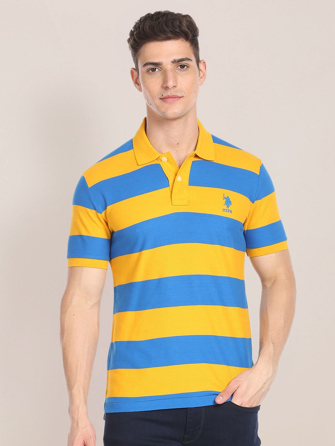 

U.S. Polo Assn. Striped Polo Collar Pure Cotton T-shirt, Yellow