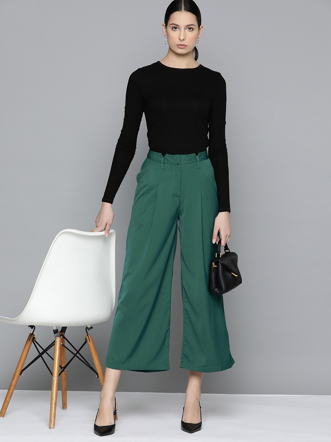 

Chemistry Women Classic High-Rise Pleated Culottes Trousers, Teal