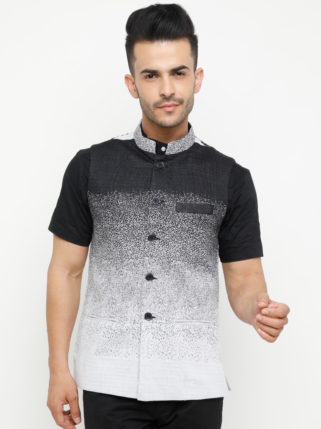 

SHOWOFF Printed Pure Cotton Woven Nehru Jacket, Black