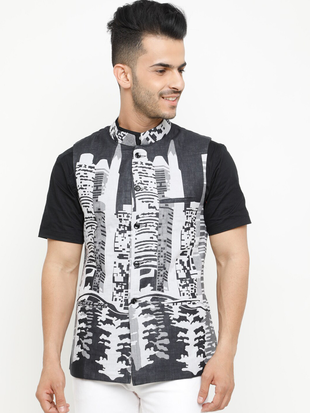 

SHOWOFF Printed Pure Cotton Woven Nehru Jacket, Black