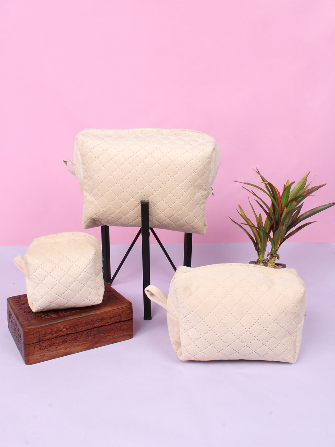 

STITCHNEST Set Of 3 Textured Velvet Pouches, Beige