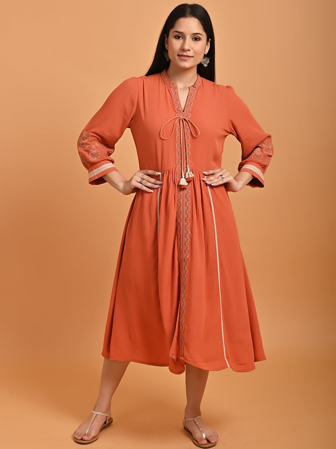 

Lakshita Tie-Up Neck Embroidered Fit & Flare Midi Ethnic Dress, Mustard