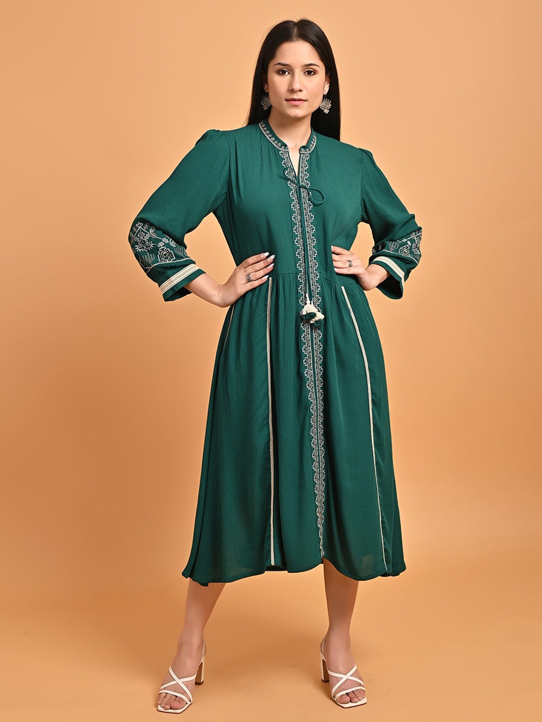 

Lakshita Tie-Up Neck Embroidered Fit & Flare Midi Ethnic Dress, Green