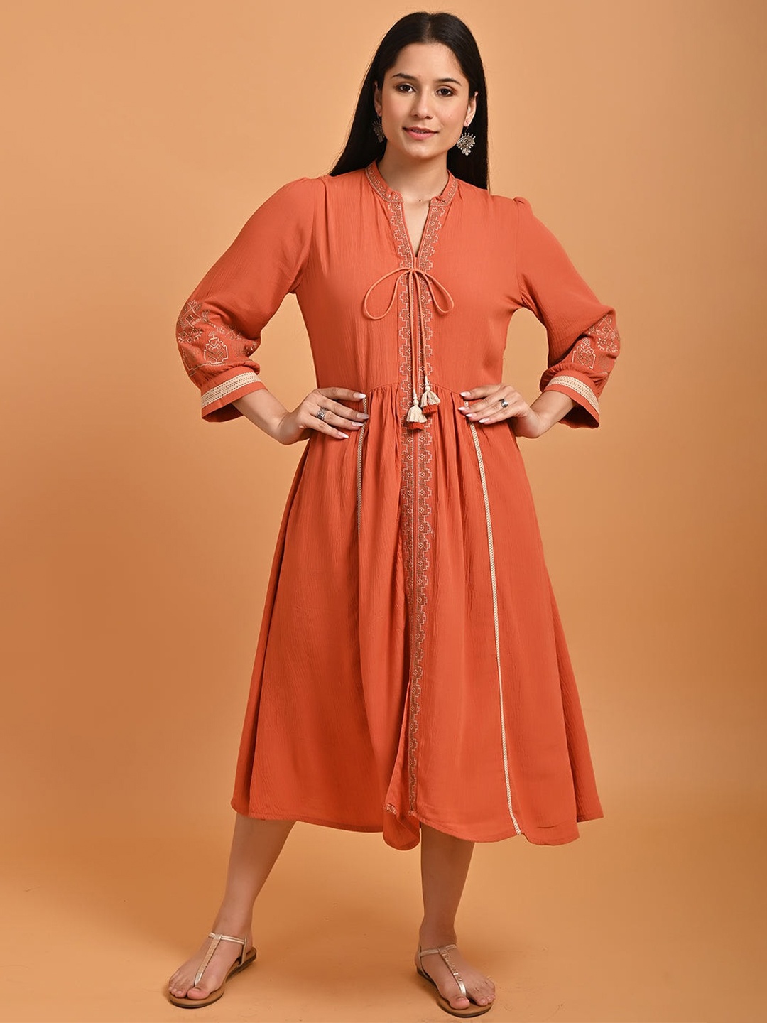 

Lakshita Tie-Up Neck Embroidered Fit & Flare Midi Ethnic Dress, Mustard