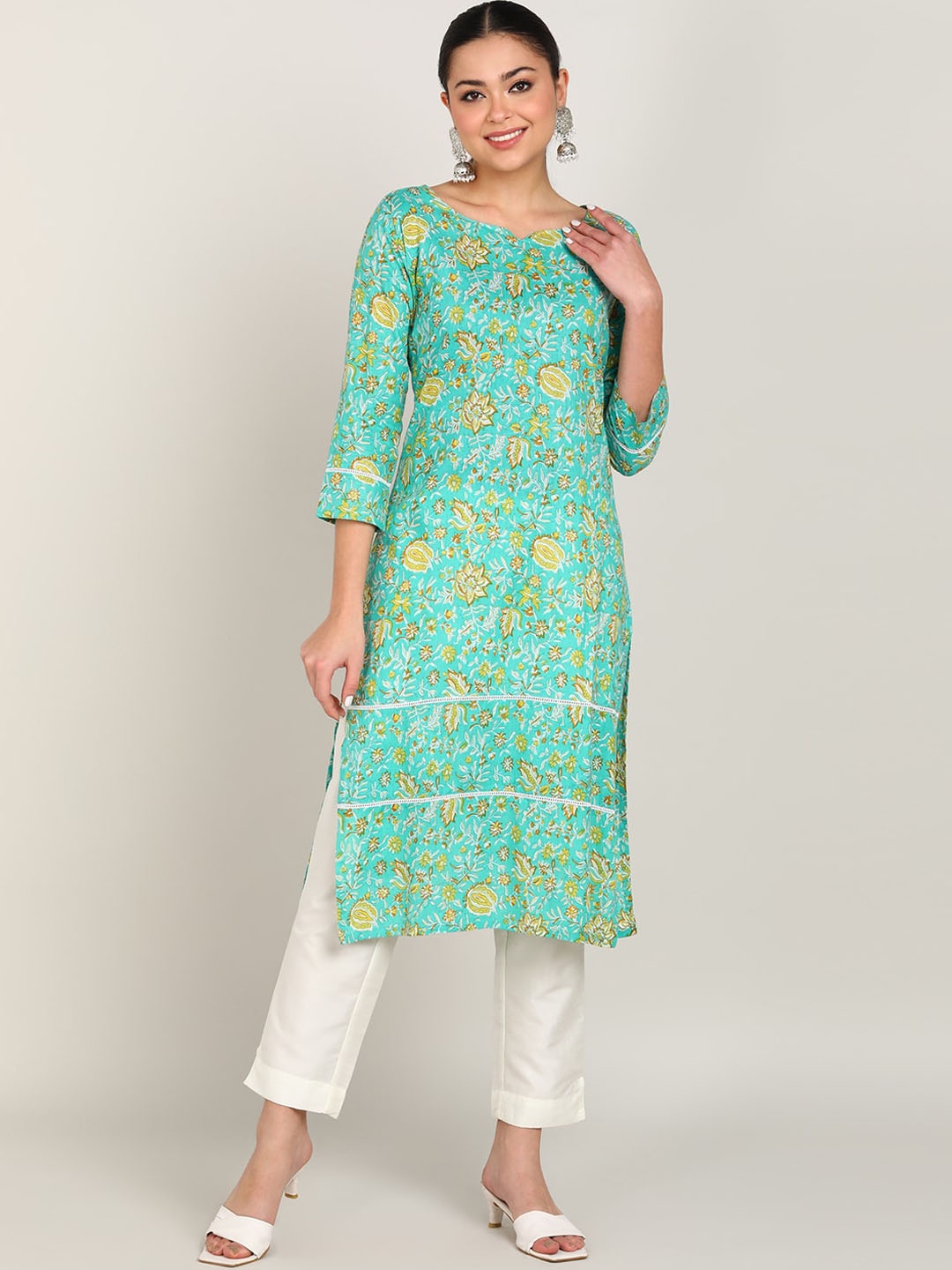 

VAHSON Ethnic Motifs Printed Cotton Kurta, Sea green