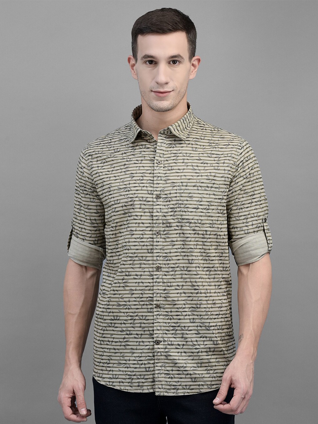 

Canary London Smart Slim Fit Horizontal Striped Casual Cotton Linen Shirt, Olive