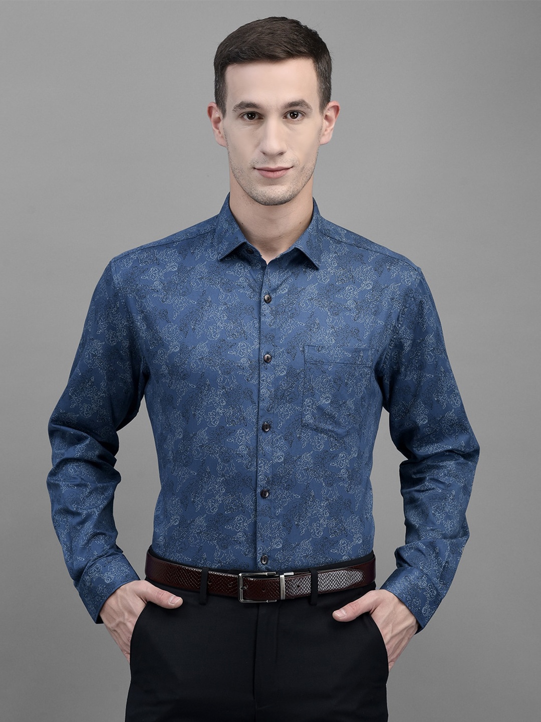 

Canary London Smart Slim Fit Floral Printed Formal Satin Shirt, Navy blue