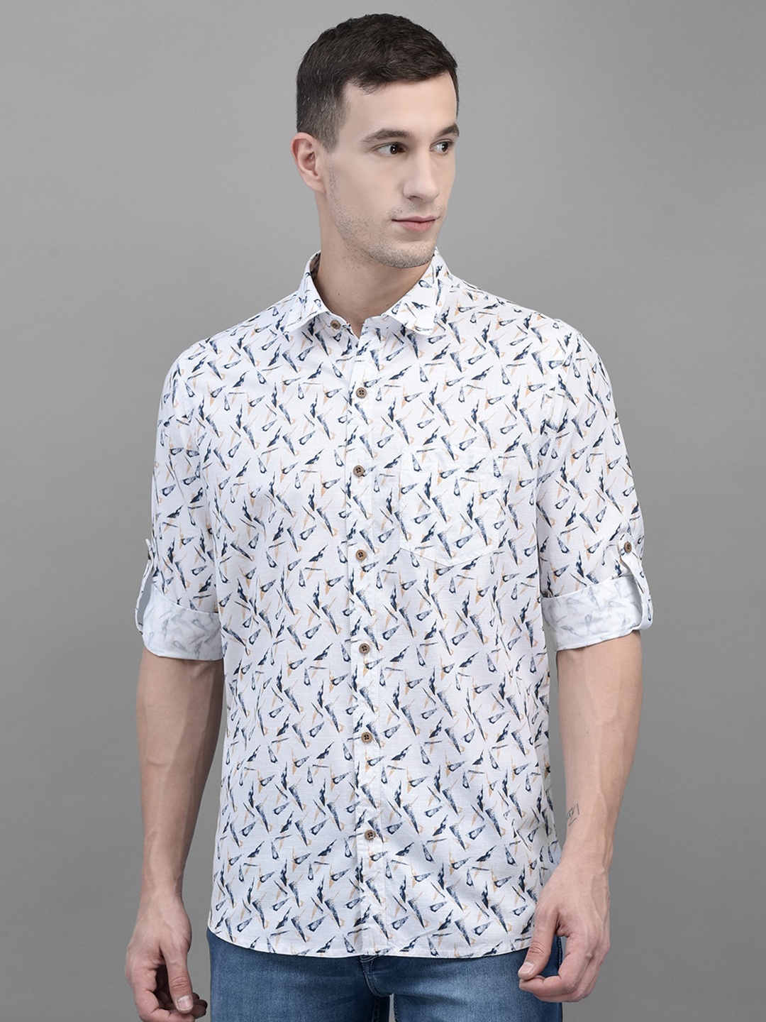 

Canary London Smart Slim Fit Abstract Printed Casual Cotton Linen Shirt, White