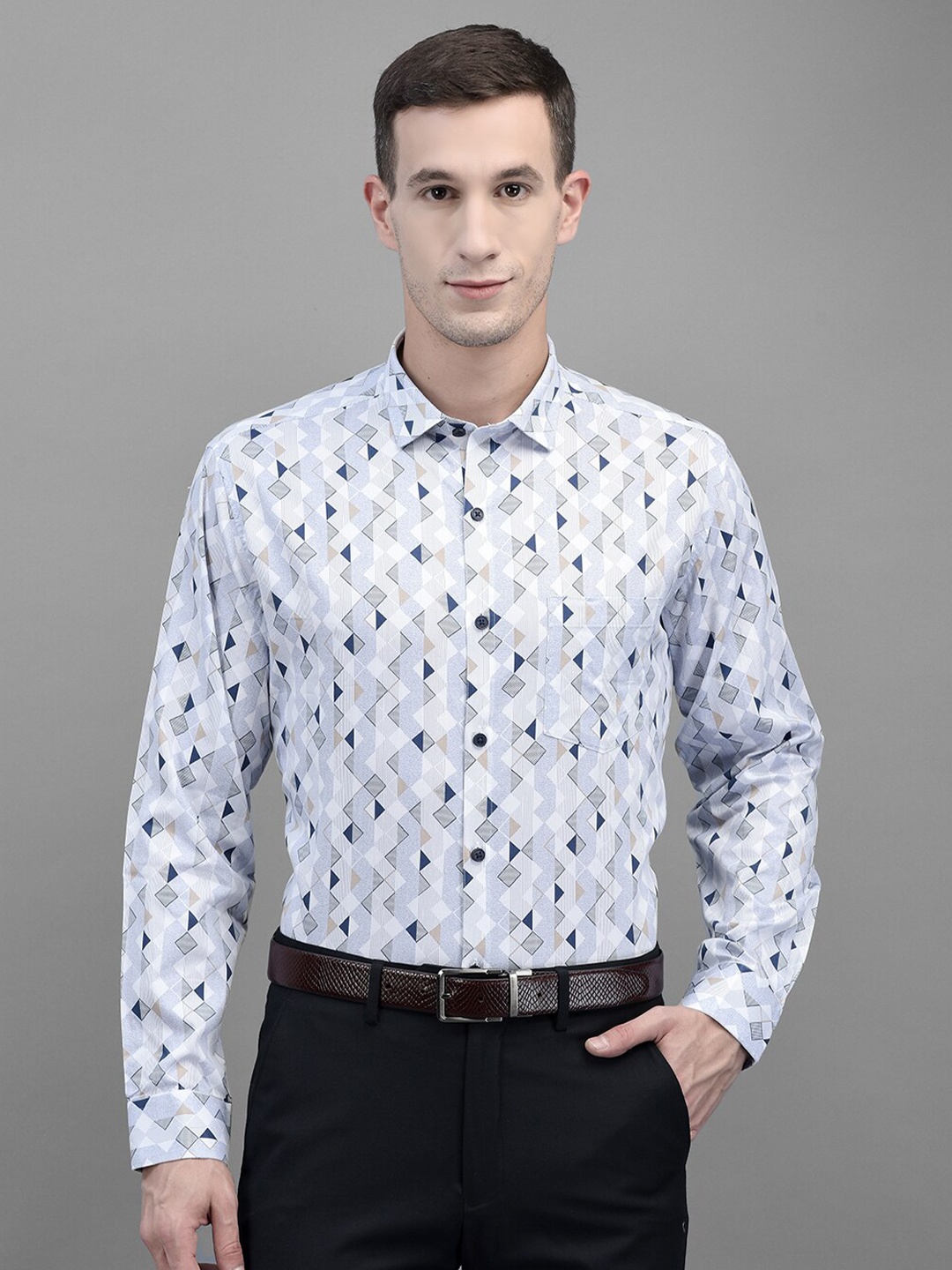 

Canary London Smart Slim Fit Geometric Printed Formal Satin Shirt, White