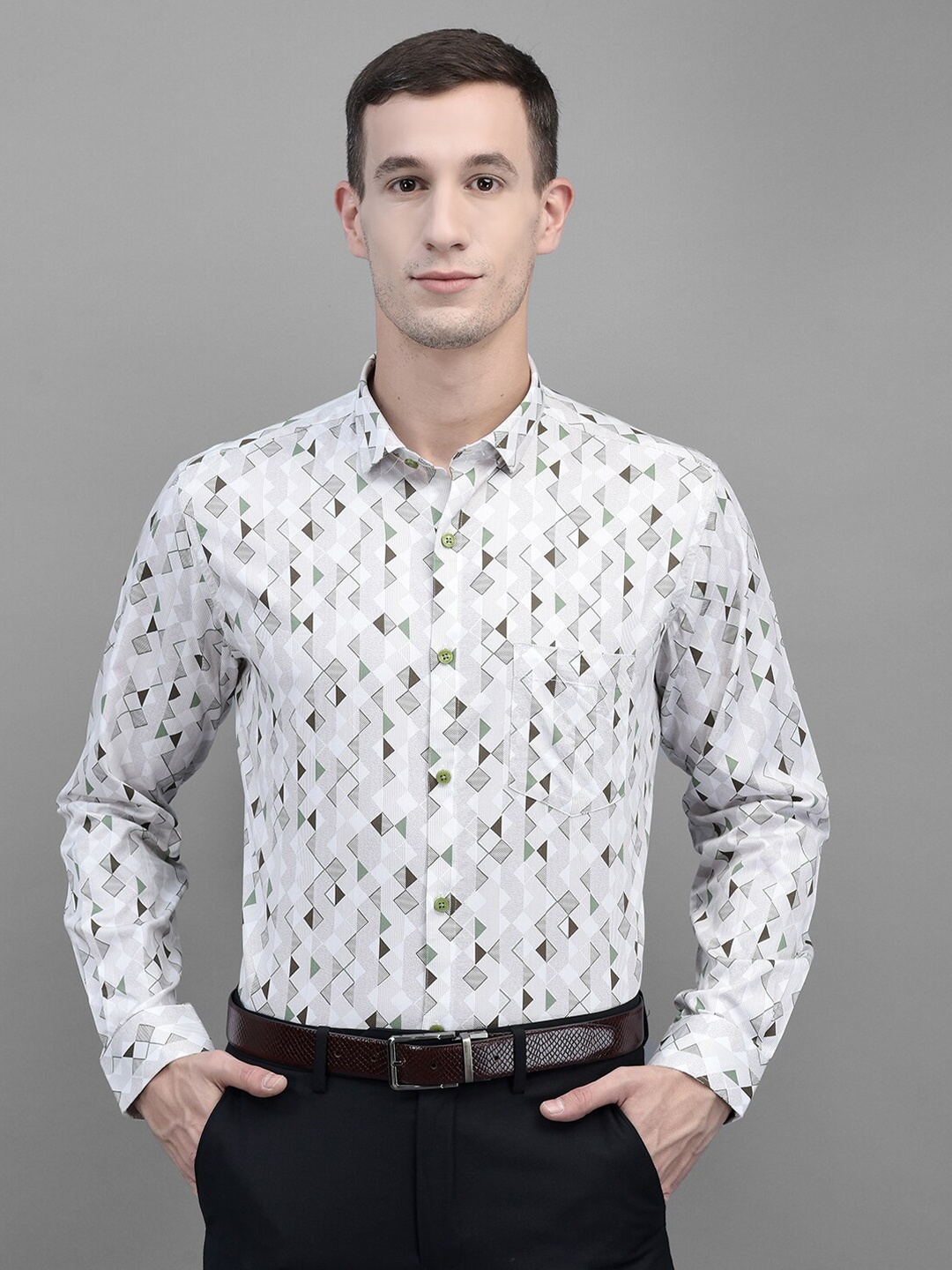 

Canary London Smart Slim Fit Geometric Printed Formal Satin Shirt, White