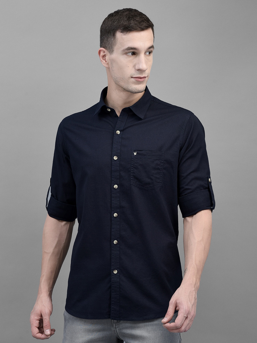 

Canary London Smart Slim Fit Opaque Casual Cotton Linen Shirt, Navy blue