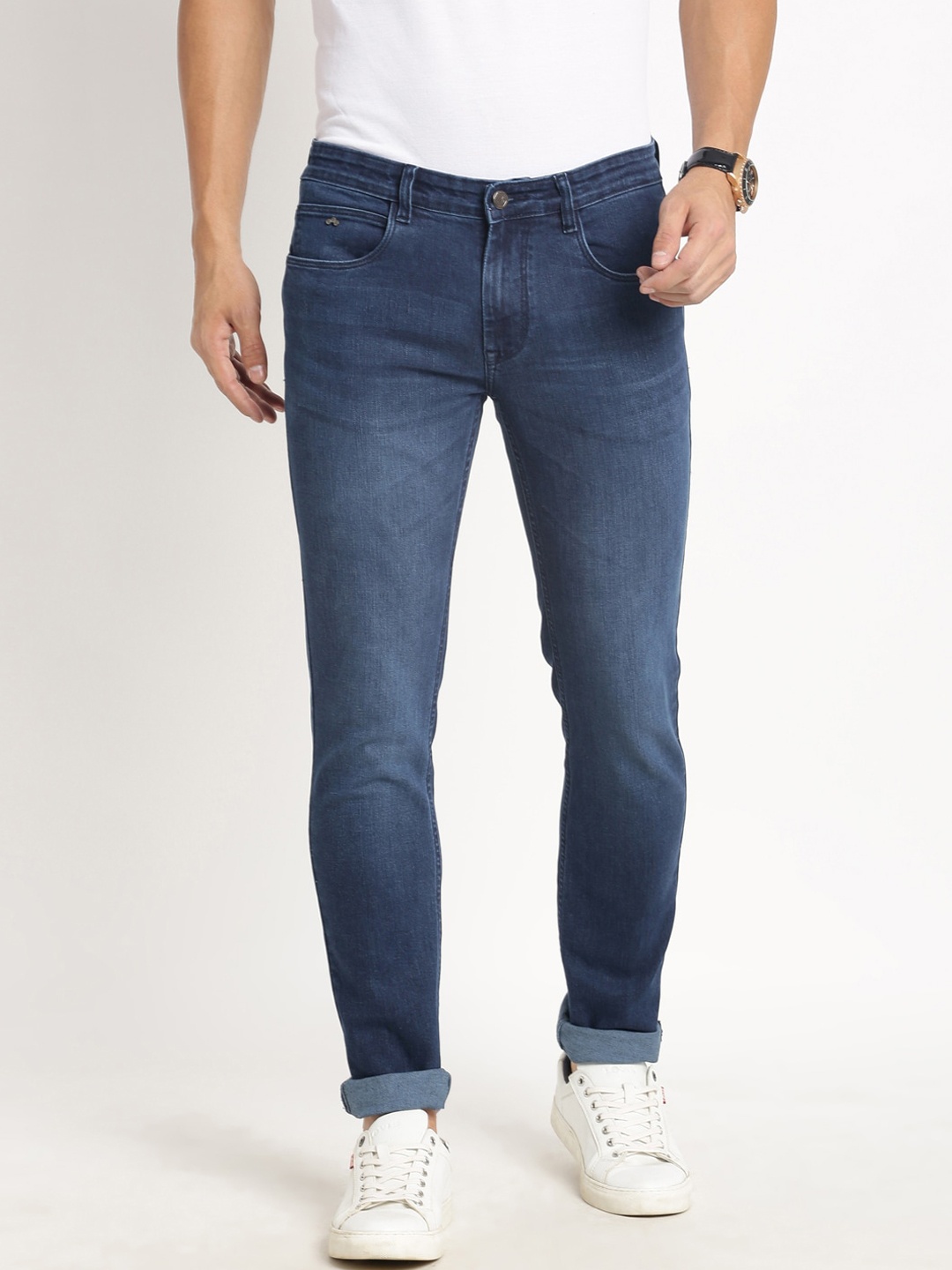 

Turtle Men Narrow Tapered Fit Light Fade Clean Look Stretchable Jeans, Navy blue