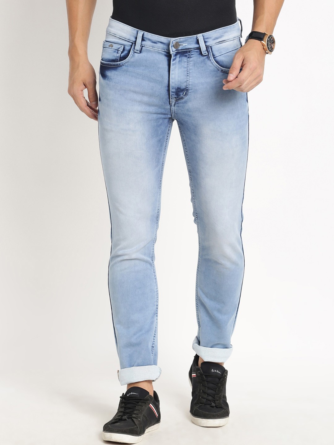 

Turtle Men Narrow Tapered Fit Heavy Fade Clean Look Stretchable Jeans, Blue