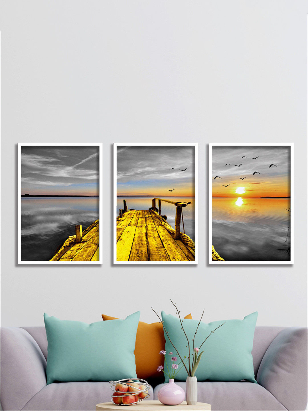 

SAF Grey & Yellow Water Bridge & Sun 3 Pieces Framed Wall Art