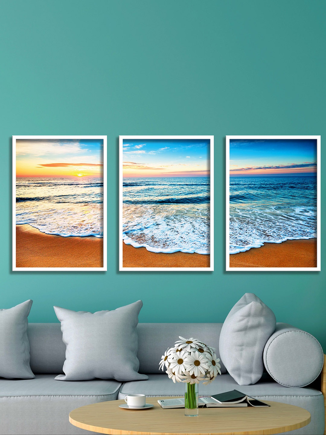 

SAF Blue & Brown Sea & Waves 3 Pieces UV Coated Framed Wall Art