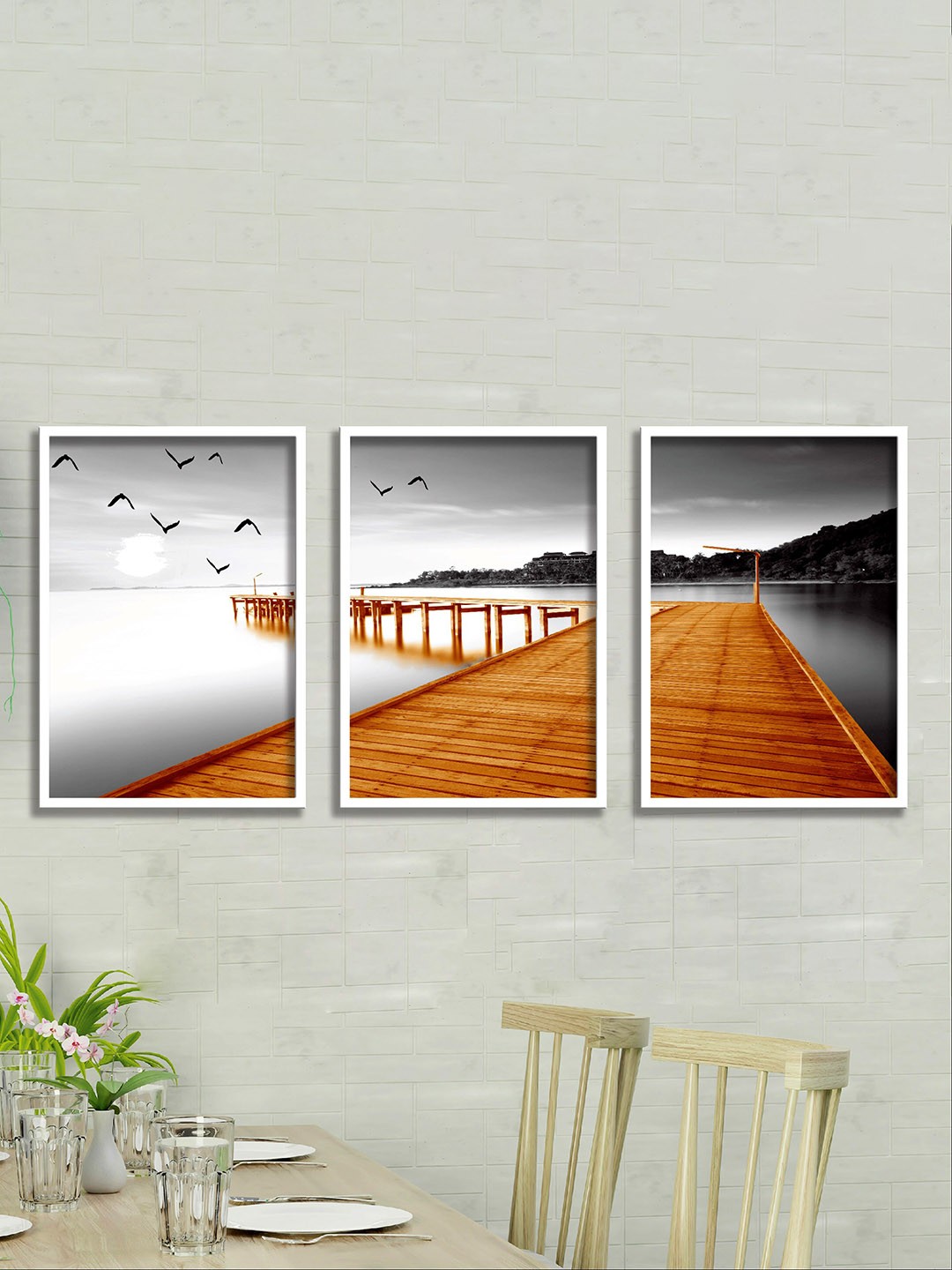 

SAF Grey & Brown 3 Pieces UV Coated Water Bridge & Birds Framed Wall Art
