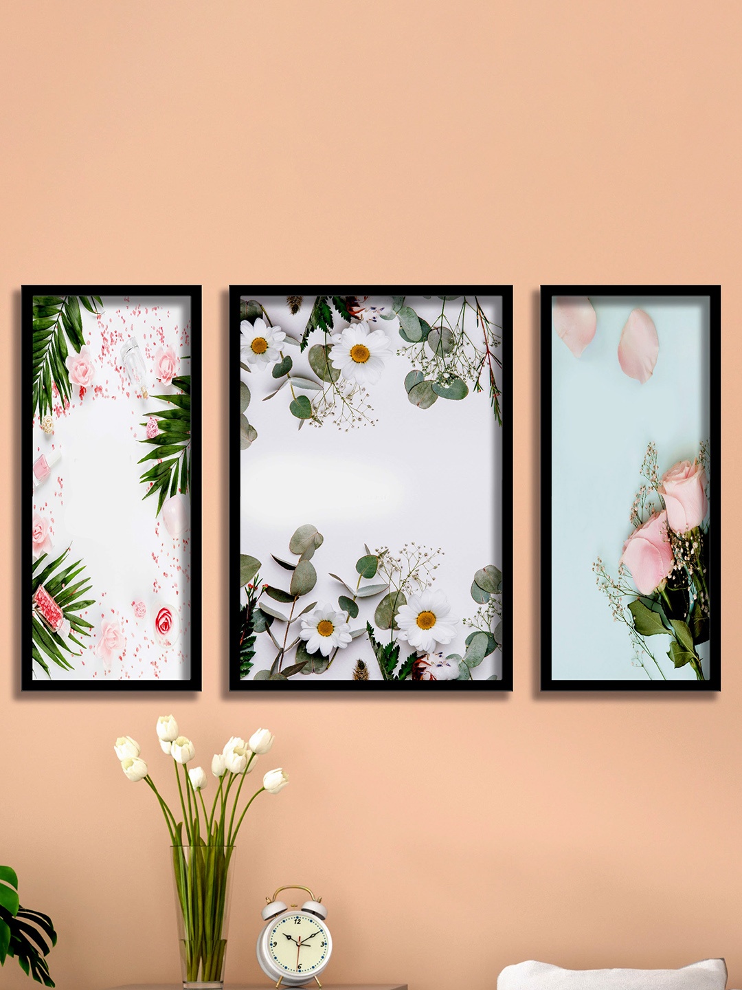 

SAF 3 Pieces White & Green Flower Painting Framed Wall Art