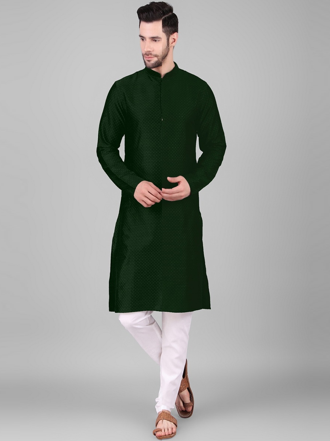 

Cult Indie Mandarin Collar Woven Design Kurta, Green