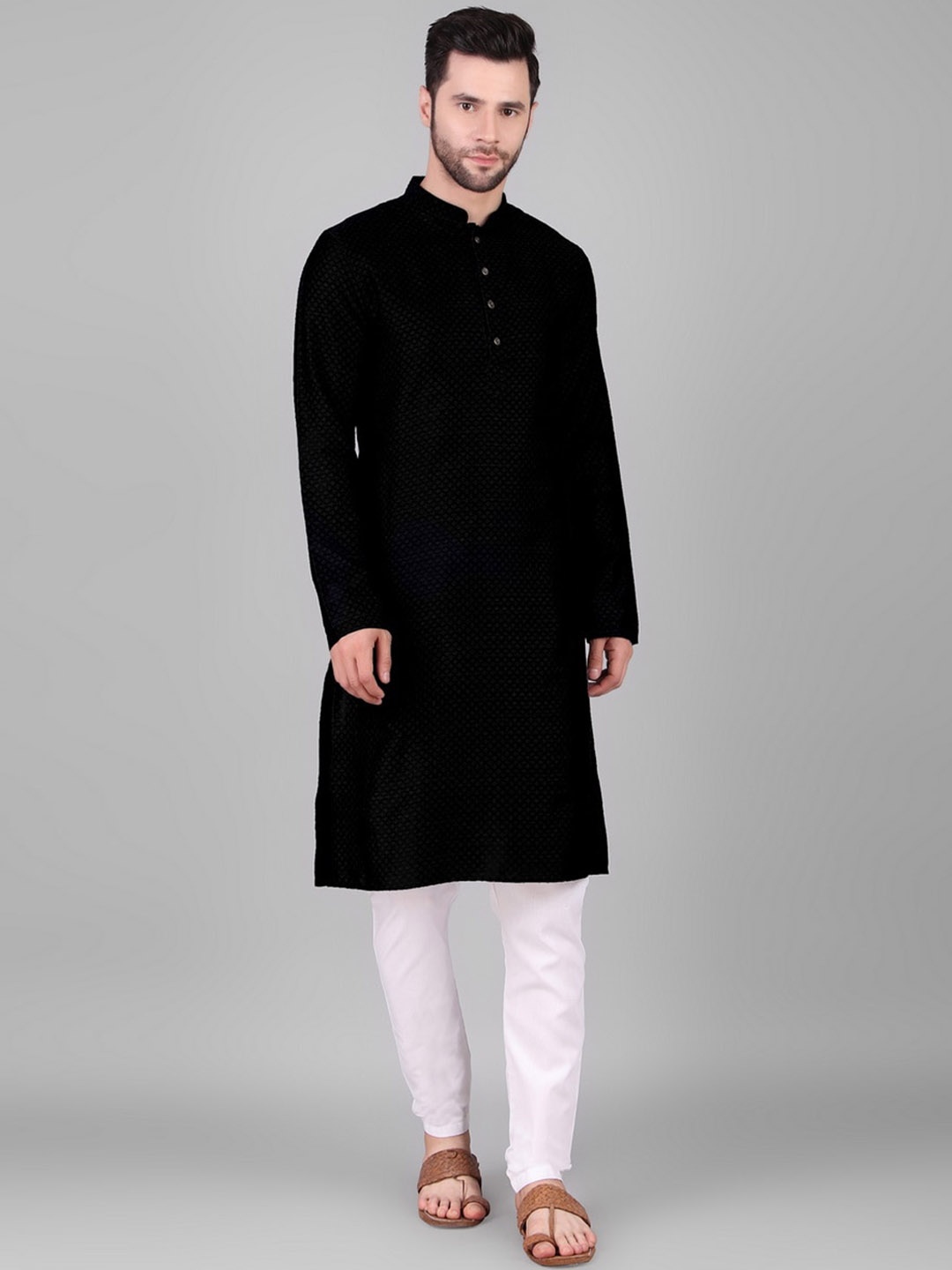 

Cult Indie Mandarin Collar Woven Design Kurta, Black